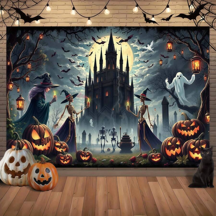 1pc Dark Castle Halloween Background Banner, Full Moon Cemetery Dark Fairy Tale Style, Castle, Dead Trees, Flying Bats, Floating White Ghosts Surrounding, Witch, Suitable For Halloween Party Decoration, Holiday Party Decoration, Etc.
