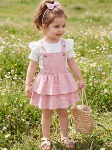 3pcs Baby Girl Sweet Princess Set: Solid Color Cap Sleeve T-Shirt, Jacquard Floral Pinafore Dress With Tiered Skirt, Headband With Bow - Pink - View 2