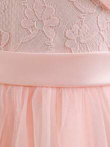 Tween Girls Lace Long Sleeve Bow Mesh Elegant Ball Gown Dress For Hosting Parties, Headband Not Included - Baby Pink - View 8