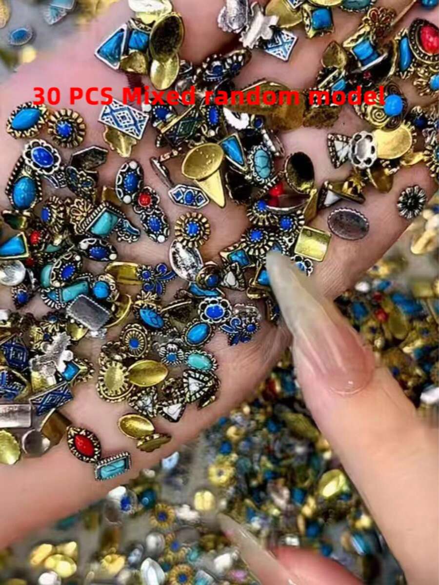 30件隨機復古金屬美甲飾品,混色橢圓綠松石宮廷風美甲裝飾,DIY美甲珠寶,人造寶石美甲配件,美甲用品 - 彩色 - 查看 1
