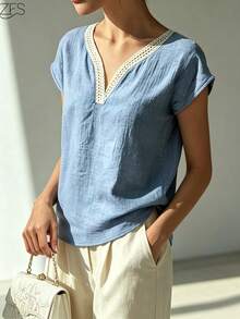 Blusa de mujer de color liso con cuello en V y diseño de volantes, versátil, elegante y casual para vacaciones de verano - Azul - Ver 1
