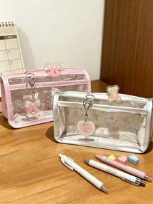 3pcs Double Layer Bowknot TPU Pencil Pouches With PP Clip And Pendant, Anti-Stain Transparent Design, Easy And Quick Access, Idea, First Day Of School - Multicolor - View 3