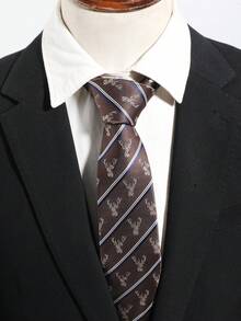 1件裝 男士棕色條紋鹿頭提花修身領帶 商務婚禮正式領飾配件 - 彩色 - 查看 2