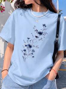 ZZG Es Trus 夏季女款「花卉」圖案印花街頭 Y2K 風格藍色圓領大尺碼短袖休閒 T-shirt 上衣 - 藍色 - 查看 1