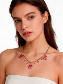 1pc Handmade Drip Oil Gradient Tie Dye Pink Five-Petal Plumeria Flower Pendant Necklace For Women, Summer Beach Bohemian Style Jewelry, Beaded Necklace With Enamel Glazed Floral Flower, Gold Tone Jewelry, Beach Accessory (Round Pendant Size, Shape And Color May Vary Randomly, Floral Color May Vary Due To Handmade Enamel Glaze, May Occur Color Bleeding, Staining, Color Shift, Chain Length Is Based On Actual Length, Not On Chain Clasp) - Pink - View 2