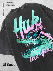 Top, y2kUnisex Huk Fishing Crocodile Graphic Oversized T-Shirt, 100% gewaschene Baumwolle, Retro Streetwear, Sommer Outdoor Casual Top, beidseitiger Druck, ideales Geschenk für Angler. - Schwarz - Übersicht 2