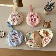 1件格紋櫻桃刺繡內衣收納袋，便攜旅行收納包，柔軟布料內衣襪子化妝品收納手提包，適合度假與日常使用 - 彩色 - 查看 4