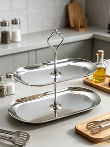 1pc Stainless Steel Oval Double Layer Cake Stand, Fruit Plate, Dessert Stand, Cake Stand, Oval Bread Plate, Cake Tower, Party Cupcake Display Tower, Dessert Display Stand, Suitable For Birthday, Party, Wedding, Afternoon Tea, Desktop Storage Rack, Multi-Layer Dessert Storage Rack, Gold And Silver Optional, Food Tray, Snack Tray, Cake Stand Tray - Silver - View 9