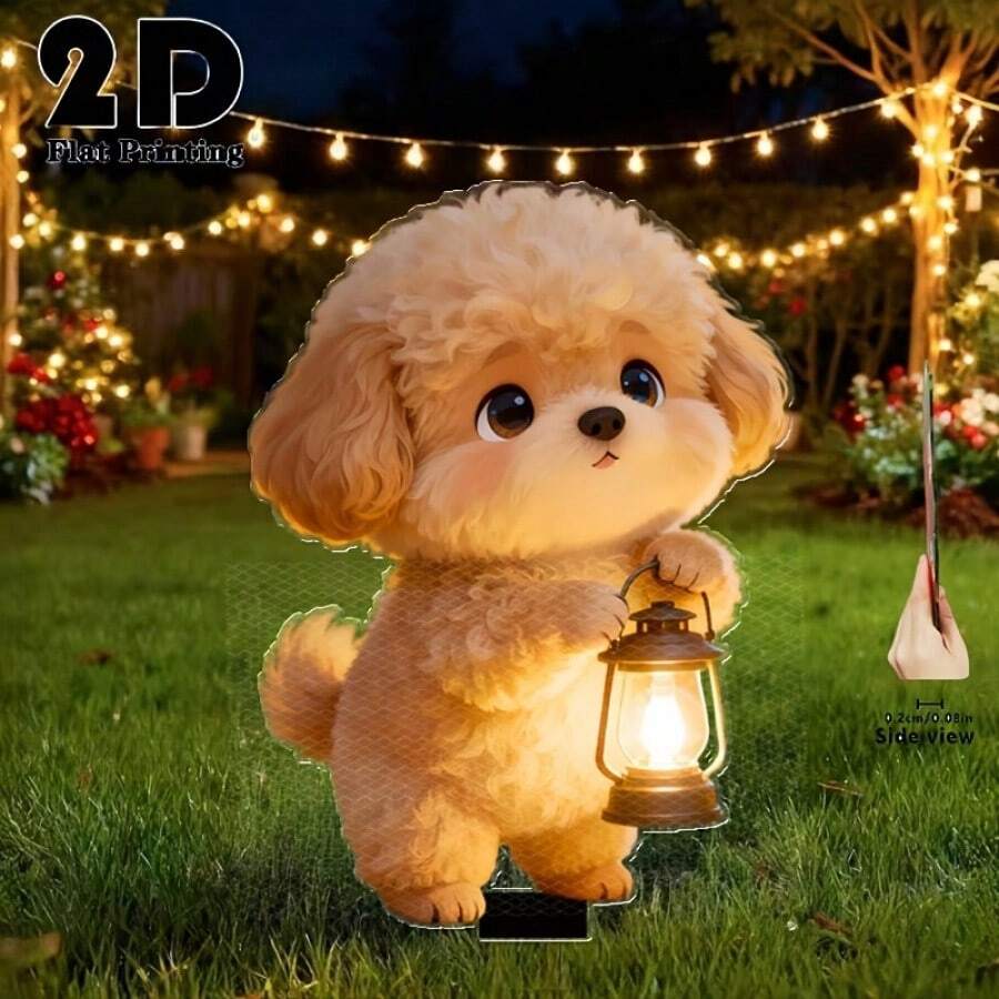 2D Flat Design, 1pc Cute Puppy Holding Glowing Light Garden Stake, Outdoor Yard Decor, Easter Garden And Flower Bed Decoration, Memorial Decor For Mourning And Cemetery, Tombstone Decoration - A - View 1