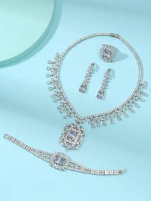 1 Set 4pcs Luxury Rectangular Full Cubic Zirconia Necklace, Earrings, Ring, Bracelet Women's Jewelry Set For Wedding, Evening Party, Dress Accessories - Square - View 13