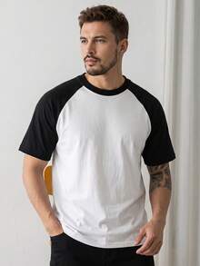 Men's Summer Loose Raglan Sleeve Round Neck Short Sleeve T-Shirt, Retro Black And White Color Block Patchwork Top - White - View 2