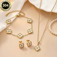 Conjunto de joyería vintage elegante de acero inoxidable chapado en oro de 18K con trébol de cuatro hojas, hipoalergénico e impermeable que incluye collar, pulsera y pendientes para mujeres - Multicolor - Ver 6