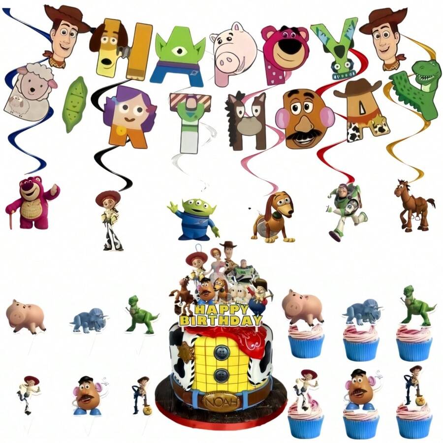 Disney Toy Story Cowboy Birthday Party Pull Flag Spinner Cake Topper Decoration Set - Multicolor - View 1