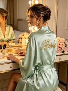 1件女款淺綠色緞面和服長裙，金色刺繡字母新娘/伴娘晨袍，輕盈透氣夏季睡衣/浴袍，適用於婚禮、單身派對、伴娘派對、度假禮物 - 淺綠色新娘 - 查看 6