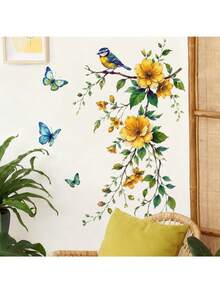 1pc Watercolor Yellow And Blue Butterfly Removable Self-Adhesive Wall Sticker, Fresh Green Floral Home Decor For Kitchen, Entrance And Living Room - Yellow Flower  and Blue Butterfly - View 5