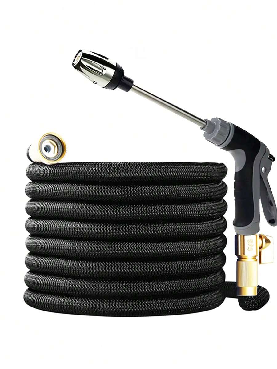 3pcs Black Expandable Hose, Extended Long Range Spray Gun, 3/4" US Thread Connector, Multi-Purpose Water Hose For Lawn Watering, Patio Cleaning