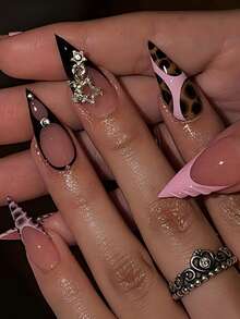 24pcs French Press On Nails Star Chain Design False Nails Medium Fake Nails Coffin Shape Nails Press On Manicure Set Includes 1sheet Adhesive Tabs & 1pc Nail File Suitable For Everyday Wear - 彩色 - 查看 1