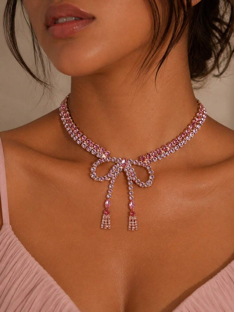 outingfit 1pc New Rhinestone Bow Tassel Necklace, European & American Party Style Sparkling Crystal Collarbone Chain - Silver - View 1