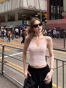 夏季美式復古甜美蕾絲拼接波點印花修身吊帶背心，適合街頭、約會、度假與出遊，粉色休閒款 - 粉色 - 查看 5