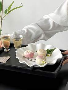 1pc Minimalist Pure White Ceramic Plate With Lotus Leaf Edge, Ceramic Plate For Home Afternoon Tea, Dessert, Cake And Dining - White - View 7