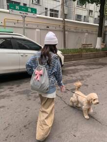 可愛抽繩背包，附粉色吊飾，輕便休閒抽繩包，適合日常通勤、運動、海灘與旅行，返校季，女款時尚背包，可愛背包 - 淺灰色 - 查看 3
