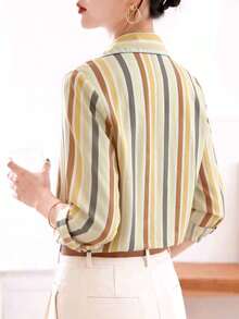 Kemeja lengan pendek berkancing motif garis-garis multiwarna, 100% katun murni, cocok untuk wanita, untuk bepergian ke kantor. - Kuning - View 3