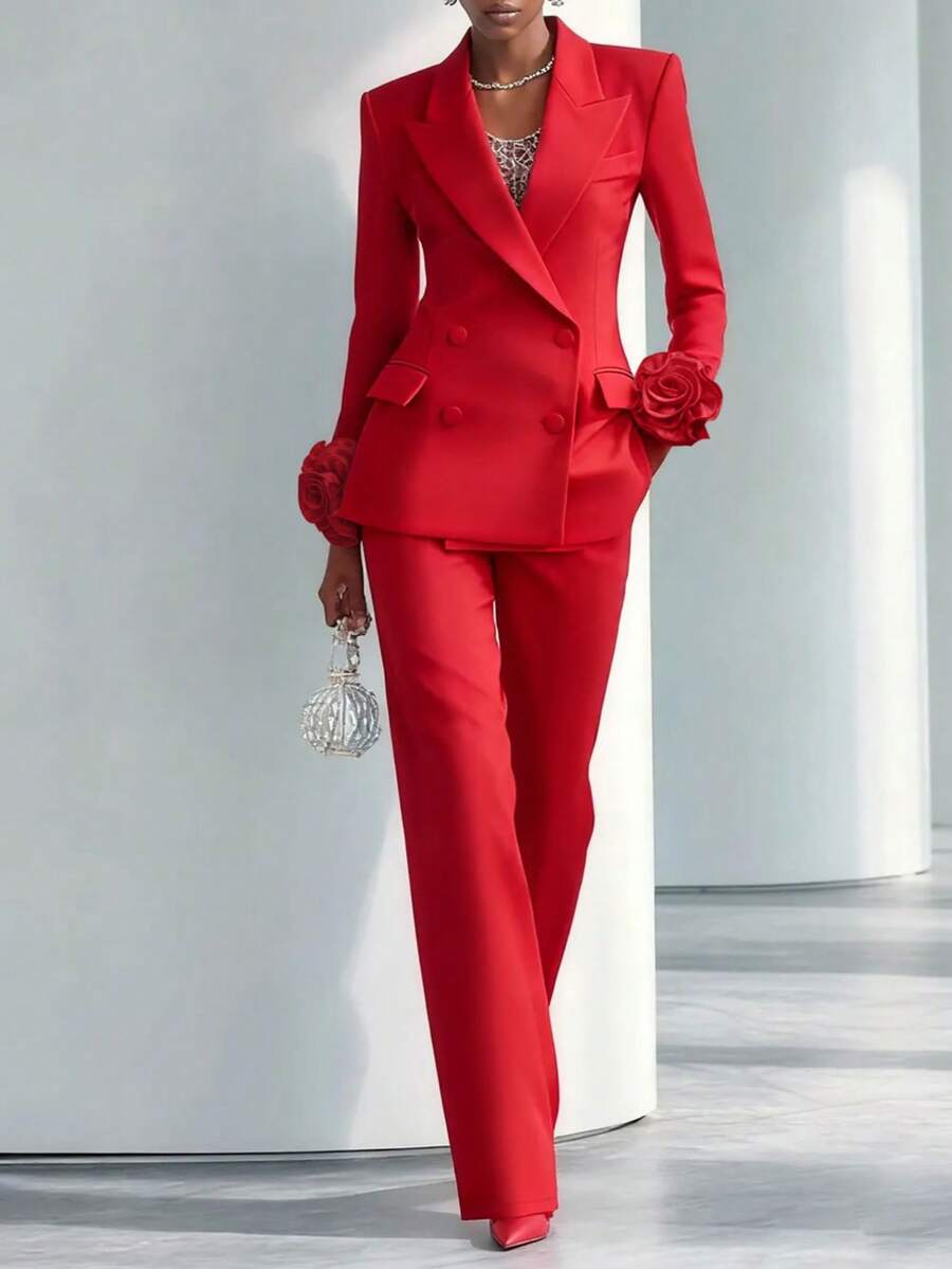 Spring/Autumn Women's Urban Elegant Solid Color Long Sleeve Blazer With 3D Floral Cuff Decor, Double-Breasted Jacket And Straight Leg Pants Red Fall - Red - View 1