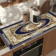 1pc Dish Drying Mat, Coffee Machine Mat, European Classical Floral Pattern Deep Blue Background Luxury Scroll Rose Design, High Absorbency Drainage Mat Suitable For Dining Table And Cafe Use, Multi-Purpose Water-Draining Mat, Home Gift, Tabletop Decor - XYLSD-647 - View 14