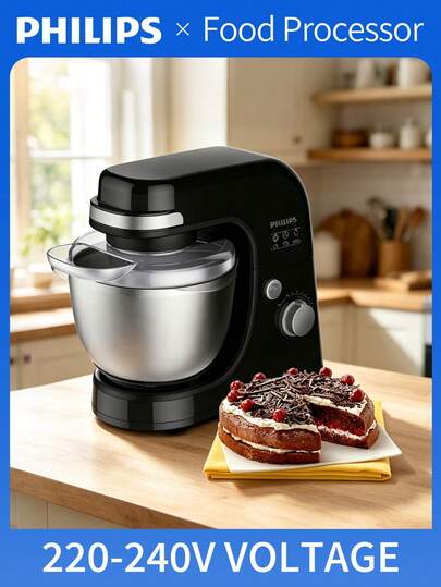 PHILIPS Viva Collection 300W 廚房攪拌機 附 4L 不鏽鋼攪拌盆、金屬揉麵鉤、攪蛋器、扁平攪拌頭，行星攪拌、多段速度，專業家用電動蛋糕麵團攪拌機，適合烘焙烹飪，黑色