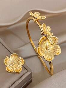 Set/1Pc Luxury Vintage Gradient Carved Flower Bangle Bracelet Ring Jewelry For Women,Elegant Gold Jewelry,For Daily Party Birthday Valentine's, Boho - Multicolor - View 1