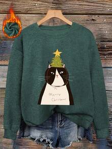 Top à manches longues en tricot de fausse fourrure avec imprimé chat mignon sapin de Noël, mode décontractée automne/hiver pour femmes, vêtements d'automne pour femmes, tenue d'automne pour femmes, tenues de vacances pour femmes, style automne, vêtements d'hiver pour femmes M - Vert - Voir 6