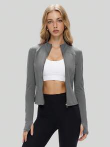 NcmRyu Women's 1pc Metal Zipper Small Stand Collar Thumb Hole Long Sleeve Slim Fit Sports Jacket - Grey - View 8