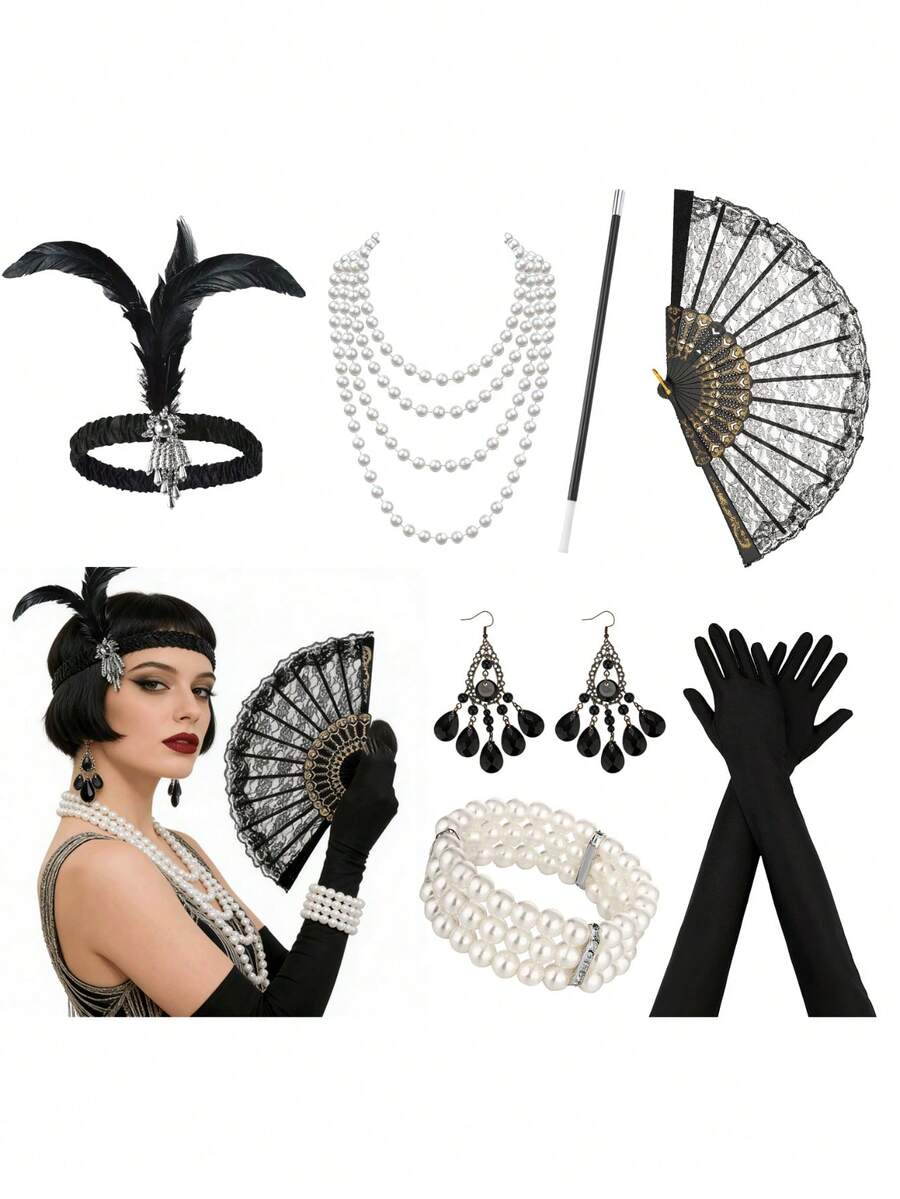 7-Piece 1920s Vintage Women's Costume Set - Halloween Party Outfit - Multicolor - View 1