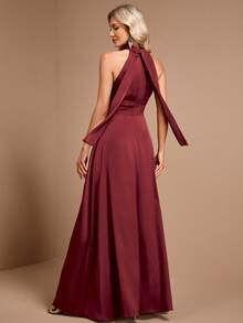 Burgundy Elegant Halter Neck Sleeveless Satin A-Line Evening Gown, Autumn/Winter Formal Dress, Suitable For Wedding Guests, Prom, Party And Holiday - Burgundy - View 6