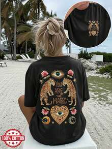 Nueva Colección Verano 2026, Blusas de Mujer, Blusa Casual Holgada de Verano para Mujer Estilo Bohemio con Estampado de Doble Cara, Tigre, Ojos y la Frase "YOU ARE THE" - Negro - Ver 1