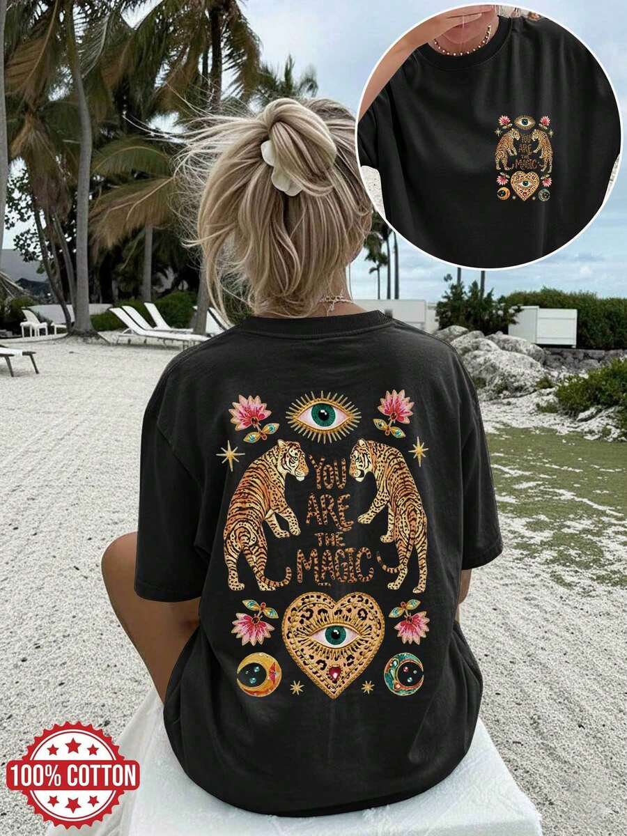 Nueva Colección Verano 2026, Blusas de Mujer, Blusa Casual Holgada de Verano para Mujer Estilo Bohemio con Estampado de Doble Cara, Tigre, Ojos y la Frase "YOU ARE THE" - Negro - Ver 1