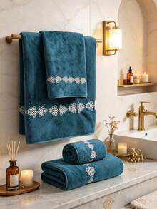 Coral Fleece Embroidered Solid Color Bath Towel Or Towel, Suitable For Bathroom Towel, Bathroom Towel, Hotel, Gym, School, Back To School, Travel, Travel Accessories, Home Essentials, Towel, Skin Care - Blue - View 3