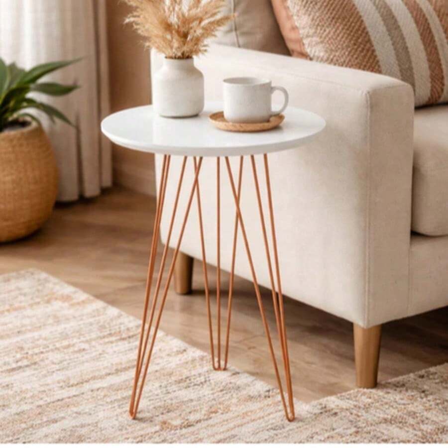 Mesinha Lateral Canto Apoio Redonda Mdf Mesa De Centro Alta Pés Em Aço Estilo Industrial Moderna - Branco - Visão 1