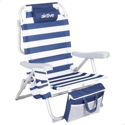 Aktive Silla de playa plegable multiposición marinera, 48x58x80 cm, 5 posiciones, incluye cojín acolchado, bolsillos, bolsa isotérmica, aluminio y poliéster, transporte tipo mochila