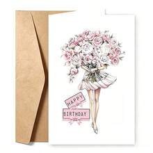 1張迷人粉色花卉生日卡片－優雅芭蕾主題設計，附「Happy Birthday」橫幅，適合送給朋友、家人、同事－高品質紙材，生日與祝賀場合的理想禮物 - 多色 - 查看 4