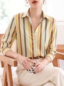 Kemeja lengan pendek berkancing motif garis-garis multiwarna, 100% katun murni, cocok untuk wanita, untuk bepergian ke kantor. - Kuning - View 4
