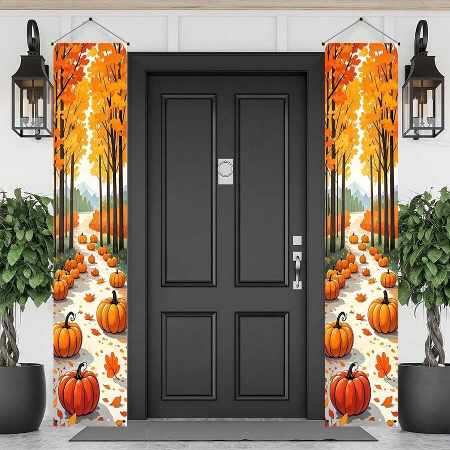 1 Pair (11.8_70.8 Inches_30_180 Centimeters), Polyester Material, Autumn Harvest Festival Thanksgiving Theme Decorative Couplets, Welcome Porch Banner With Maple Forest Background - Multicolor - View 1