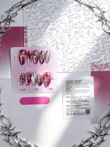 Y2K Gothic Style Black Press-On Nails, 10pcs 3D Silver Star & Swirl Fake Nails, Reusable DIY Manicure, Suitable For Grunge Style - Hot Pink - View 4