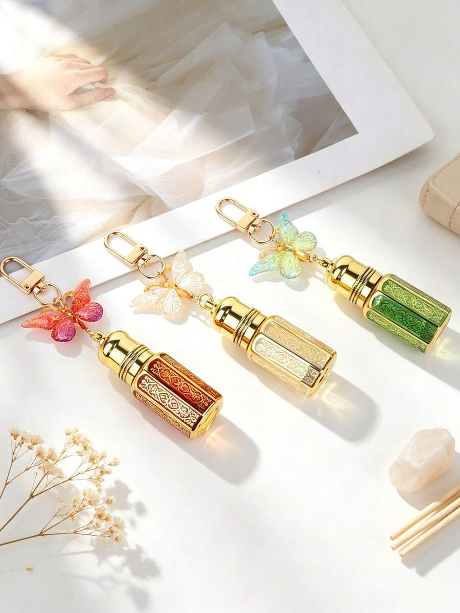 1pc Mini Butterfly Keychain Empty Refillable Perfume Roller Ball Bottle, Luxury Gold Embossed Essential Oil Roller Bottle, Portable Travel Pocket Size Cute Pendant Keychain, Cosmetic Sample Storage, Birthday Gift For Her, Travel Essential - Multicolor - View 1