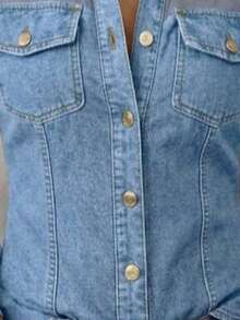 Women's Denim Fabric & Mesh Patchwork Shirt, Long Sheer Puff Sleeves, Button-Down With Fake Chest Pockets, Slim Fit Casual Top For Everyday Wear - 霧霾藍 - 查看 3