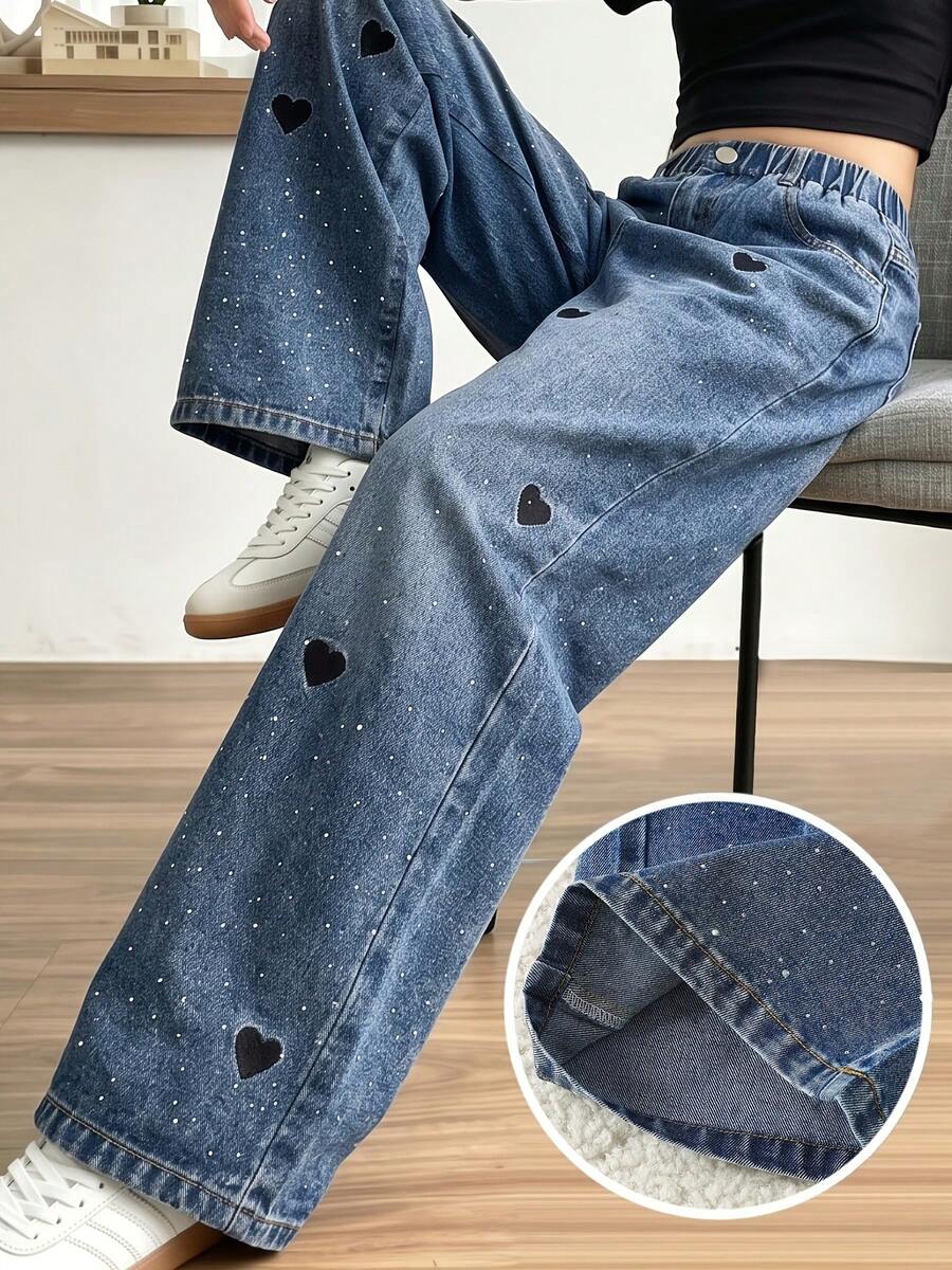 青少年女孩藍色牛仔褲 時尚愛心刺繡水鑽手工休閒寬鬆闊腿褲 適合春夏秋冬校園日常出遊 - 藍色 - 查看 1