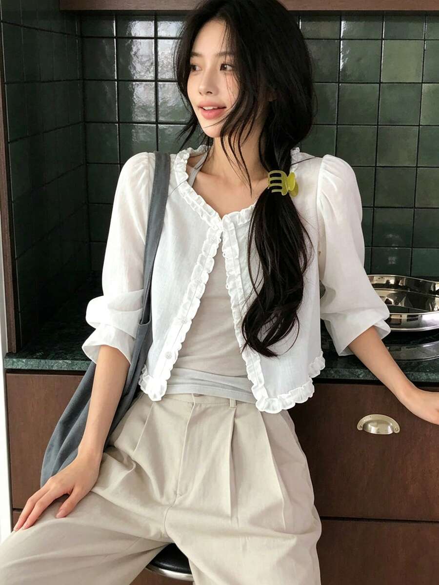 Blus Putih Pendek Longgar Berkerah Bulat Kancing Tunggal Gaya Korea Musim Semi/Panas untuk Perlindungan dari Sinar Matahari - Putih - View 1