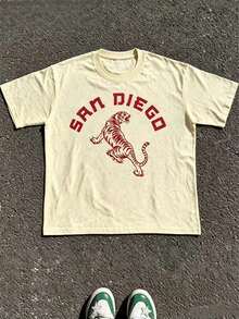 1pcs Vintage San Diego Tiger Graphic T-Shirt, Unisex Tee For Men Women, 100% Cotton Retro Funny Print Top, Summer Casual Daily Outfit - 杏色5 - 查看 13