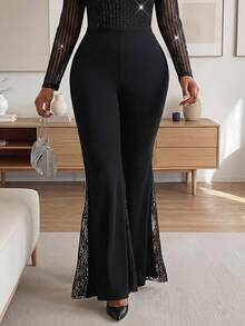 SHEIN Lady Plus Size Stretchy Lace Patchwork Skinny Flare Pants, Black Flare Pants, Flare Pants With Lace, Elegant Daily Wear Date Night & Evening Flare Trousers - Black - View 5