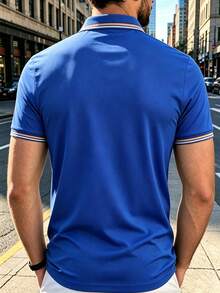 男士夏季輕量對比飾邊 Polo 衫 | 有領短袖休閒上衣，適合戶外、街頭、海灘、日常與輕量運動穿著 - 寶藍色 - 查看 3